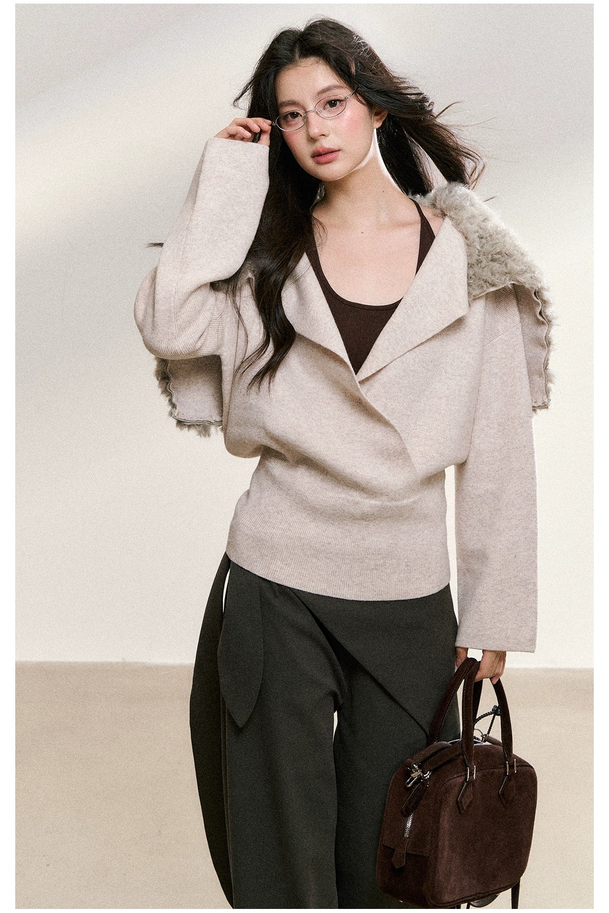 Faux Fur Collar Wrap Knit Cardigan