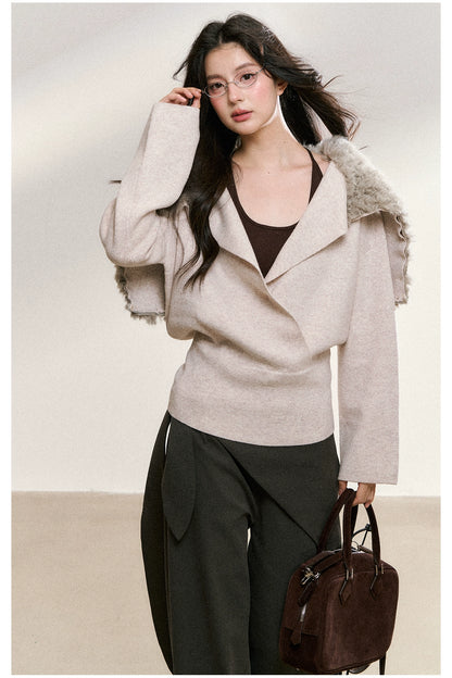 Faux Fur Collar Wrap Knit Cardigan