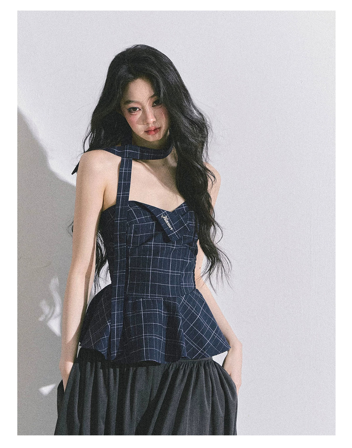 “Blue Rhythm” Plaid Corset Peplum Tube Top