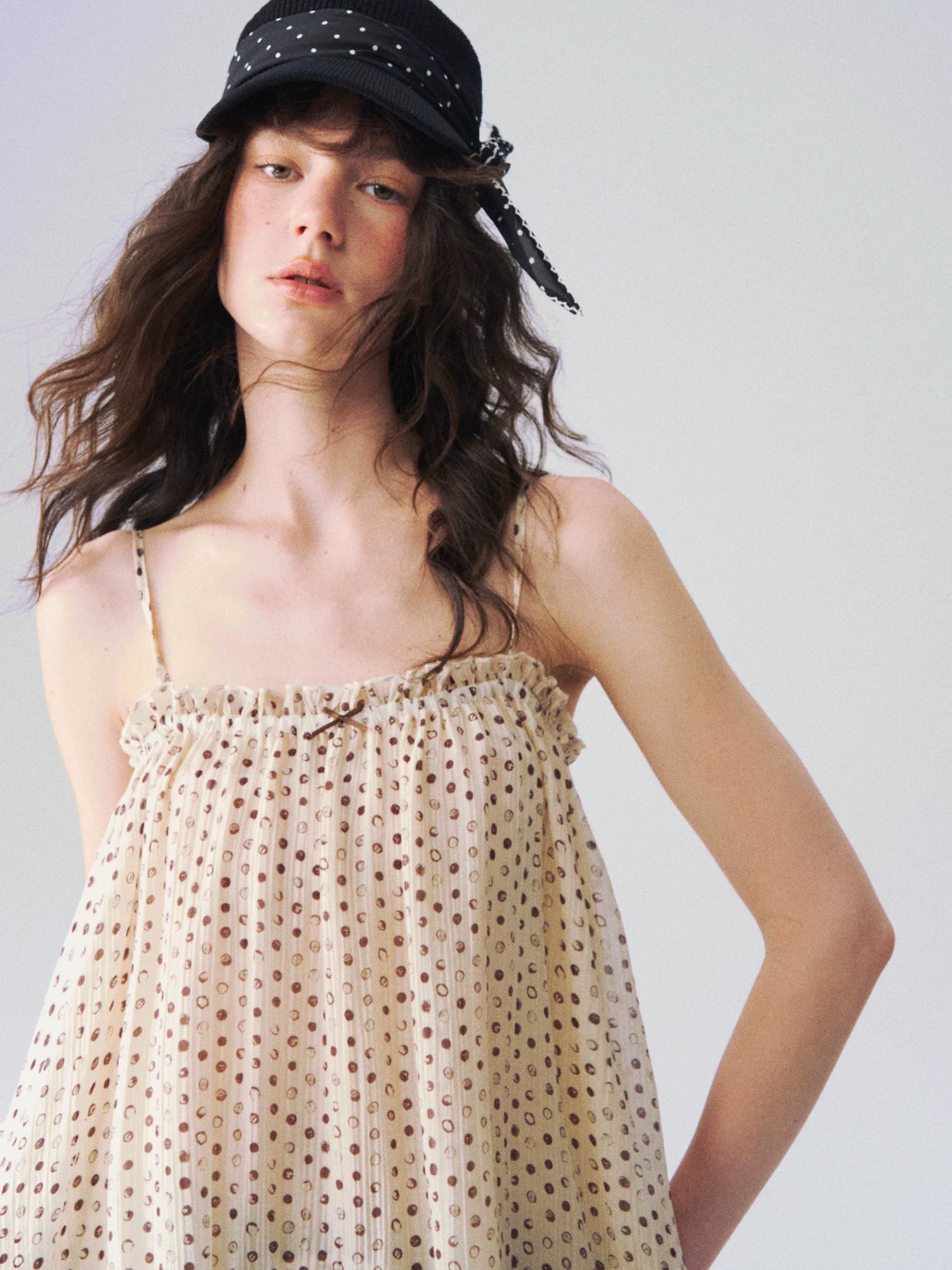 Sheer Polka Dot Asymmetric Ruffle Camisole