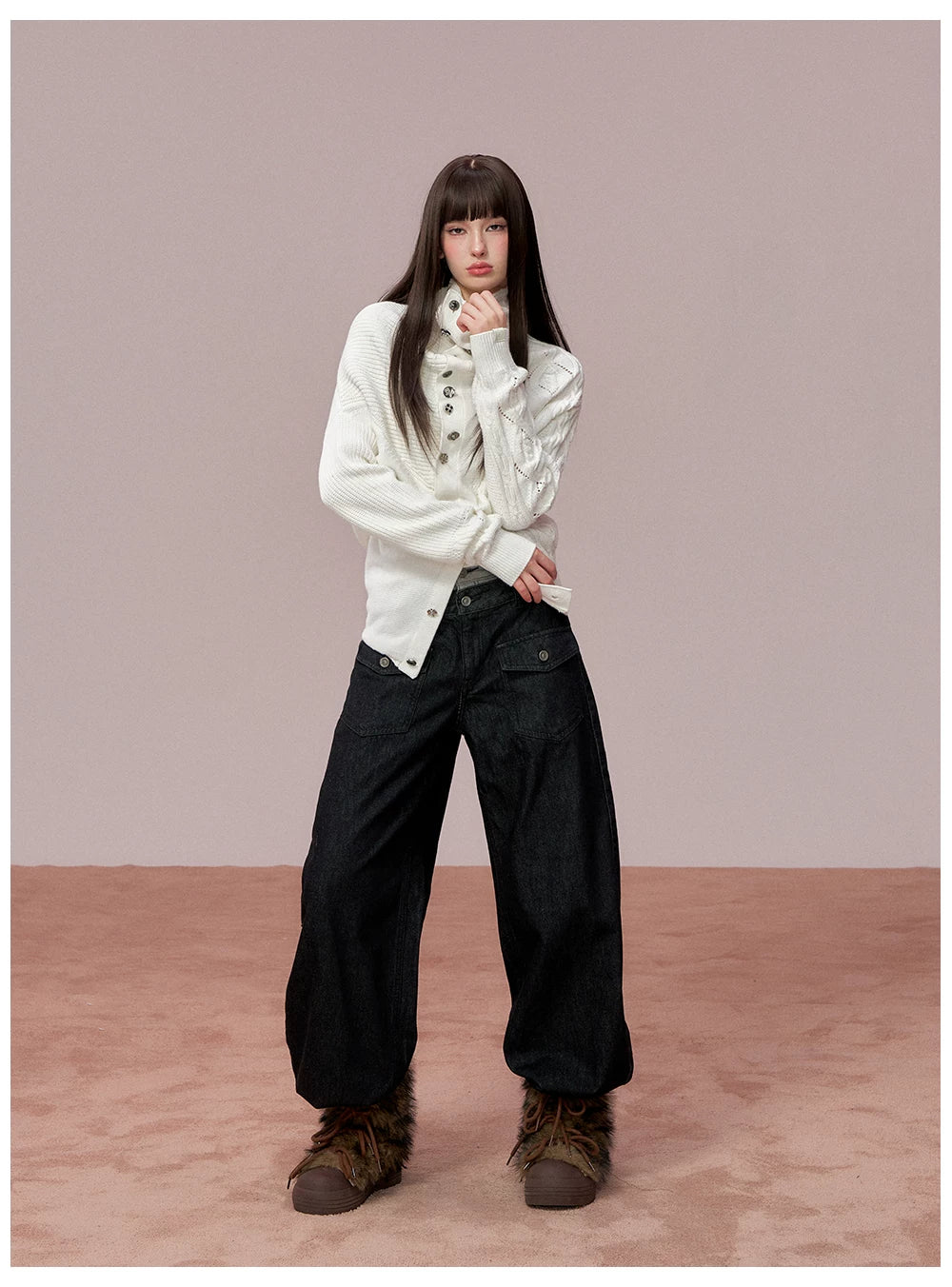 Oversized Collar Asymmetric Knit Sweater Jacket