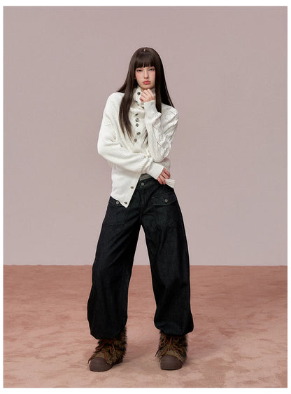 Oversized Collar Asymmetric Knit Sweater Jacket