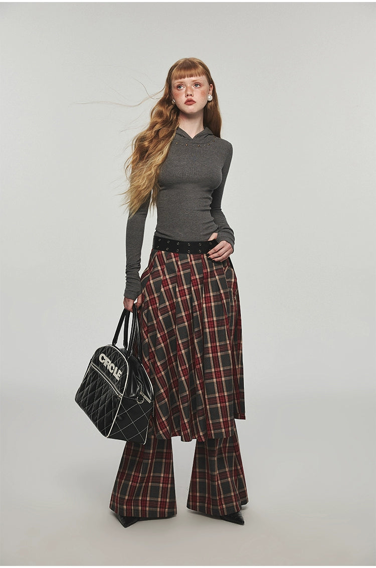 Plaid &amp; Leopard Slim-Fit Flared Pants - CHINASQUAD