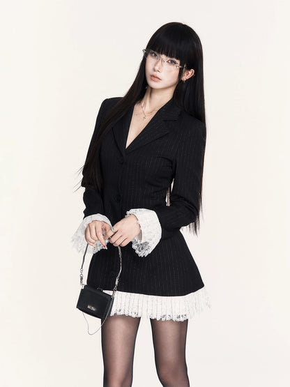 Striped Lace Faux-Layered Blazer Dress