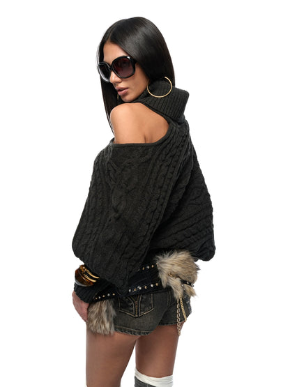 Wool-Blend Batwing Cable Knit Sweater