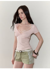 Lace Panel Ruched Slim-Fit T-Shirt NeverMore