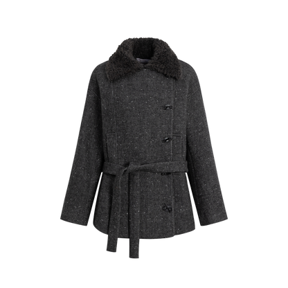 Deep Grey &amp; Brown Wool Blend Fleece-Collar Coat
