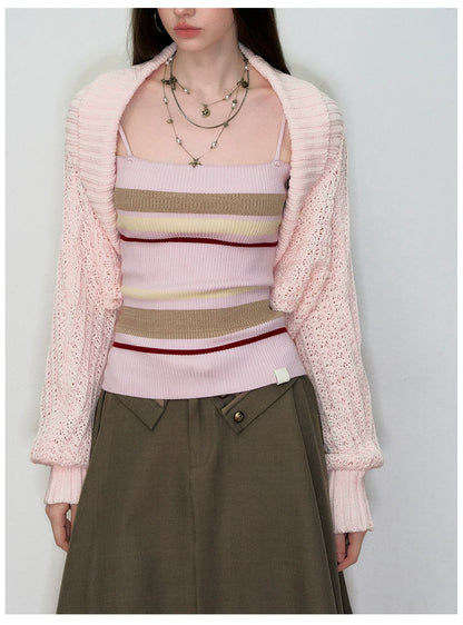 Knit Cardigan &amp; Striped Camisole Two-Piece Set