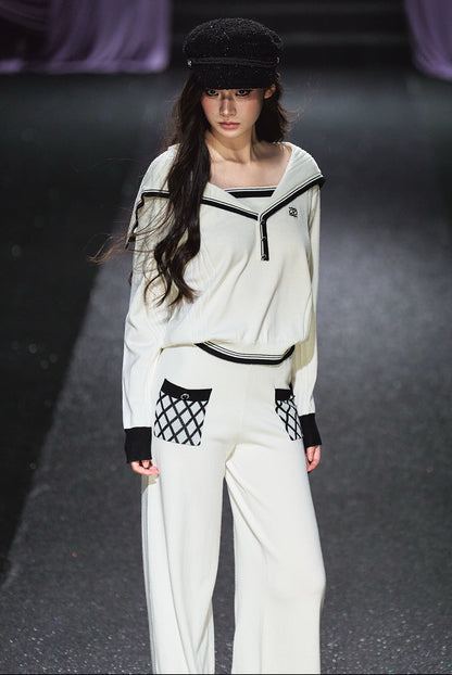 Sailor V-neck pullover &amp; Quilted Straight Pants Set
