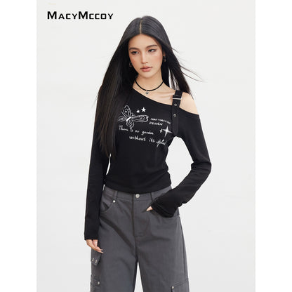 Butterfly Cold-Shoulder Long-Sleeve T-shirt