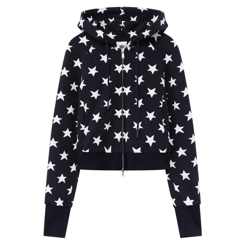 Double-Zip Star Print Cotton Hooded Jacket