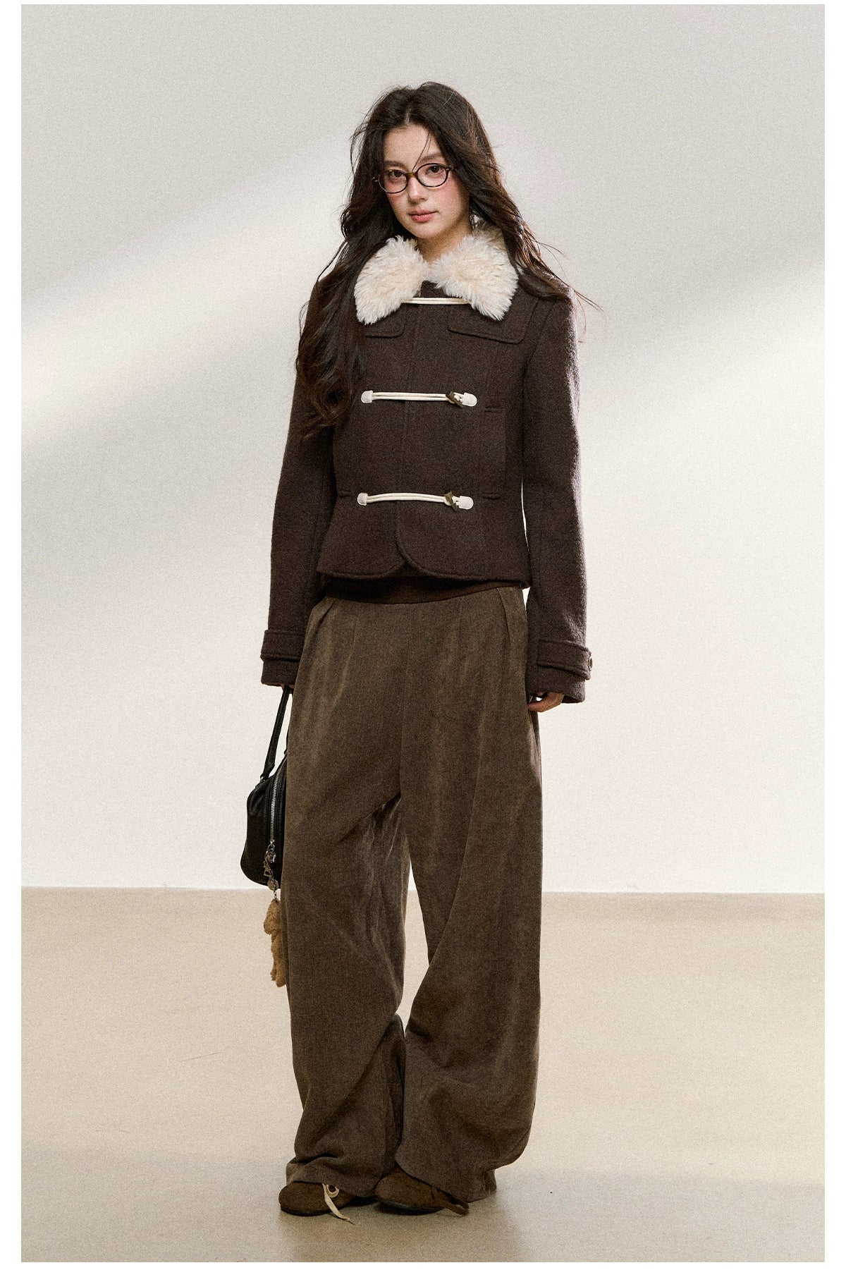 Brown Wool-Blend Toggle Cropped Jacket