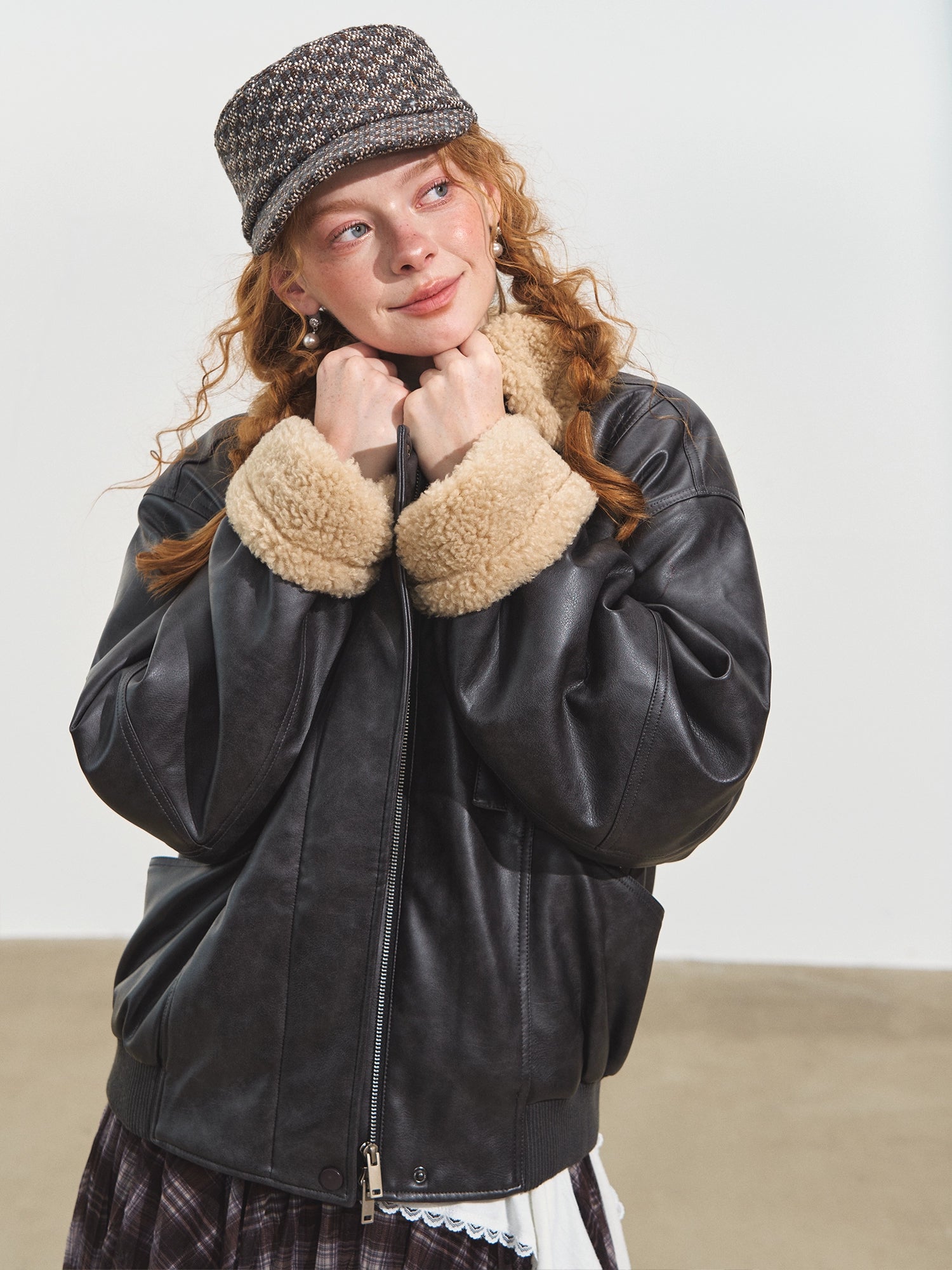 Lamb Wool Collar Faux Leather Biker Jacket