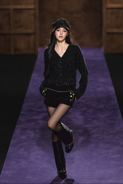 Shimmer V-Neck Sequin Detail Knit Cardigan