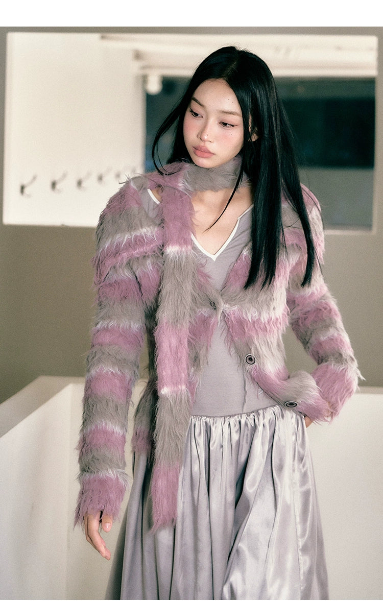 Purple &amp; Khaki Striped Fuzzy Cardigan - CHINASQUAD