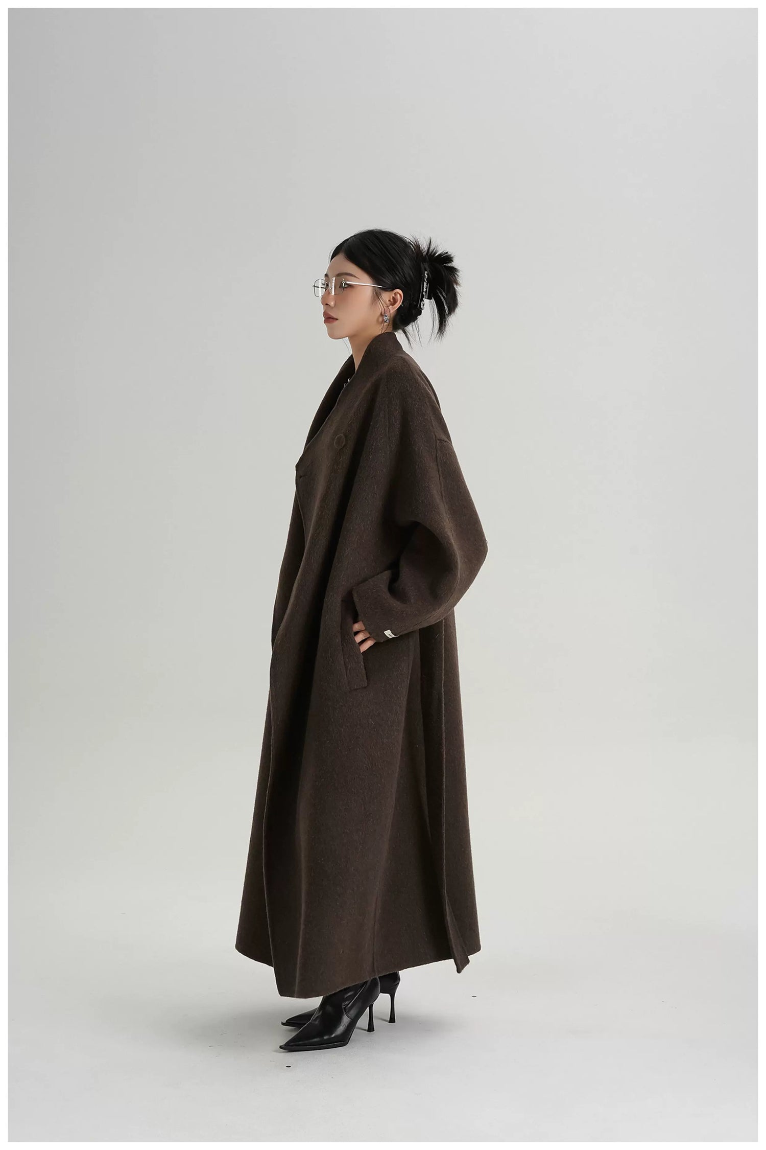 Asymmetric Button Long Wool Coat
