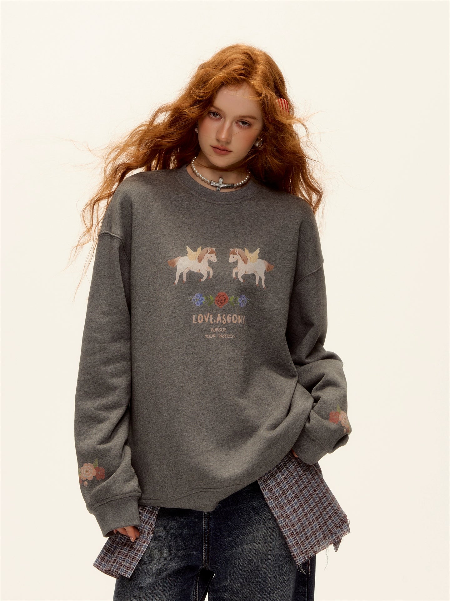 Floral Pony Print Fleece-Lined Pullover Sweatshirt