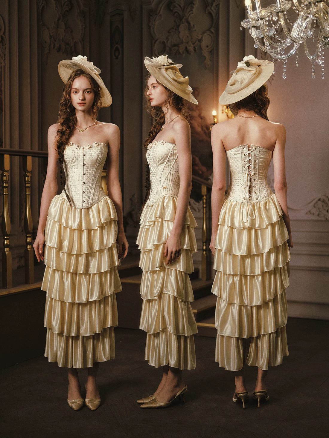 Golden Hour French Strapless Corset Top &amp; Tiered Skirt Set