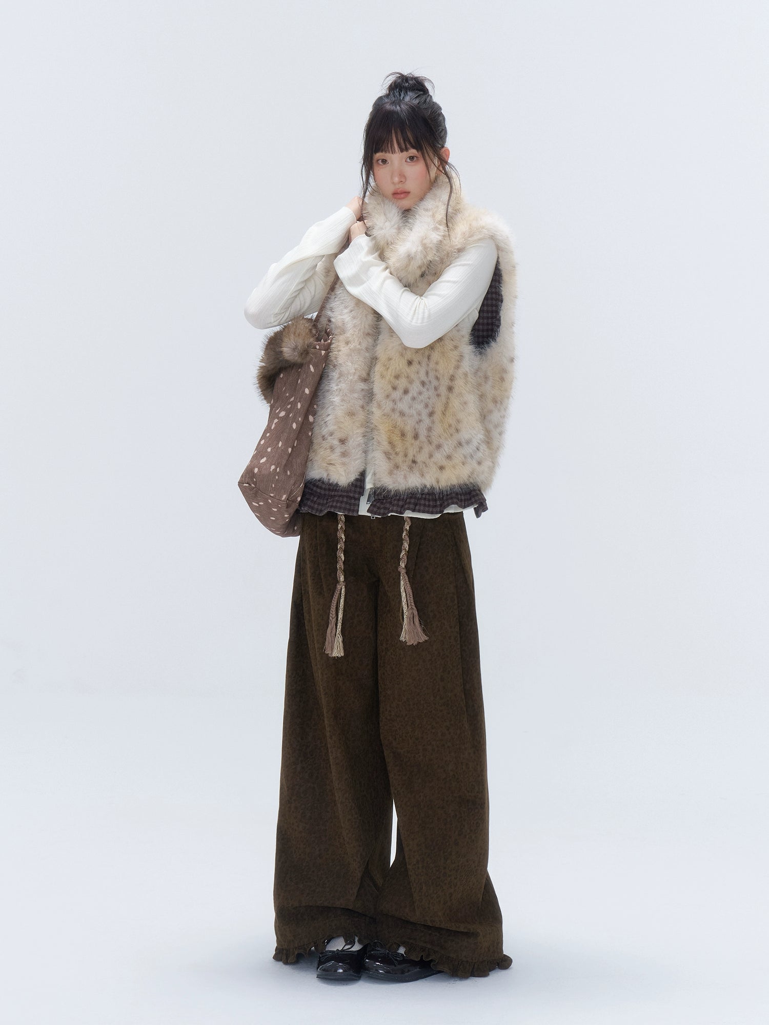 Faux Fur Leopard-Panel Lace-Trim Vest