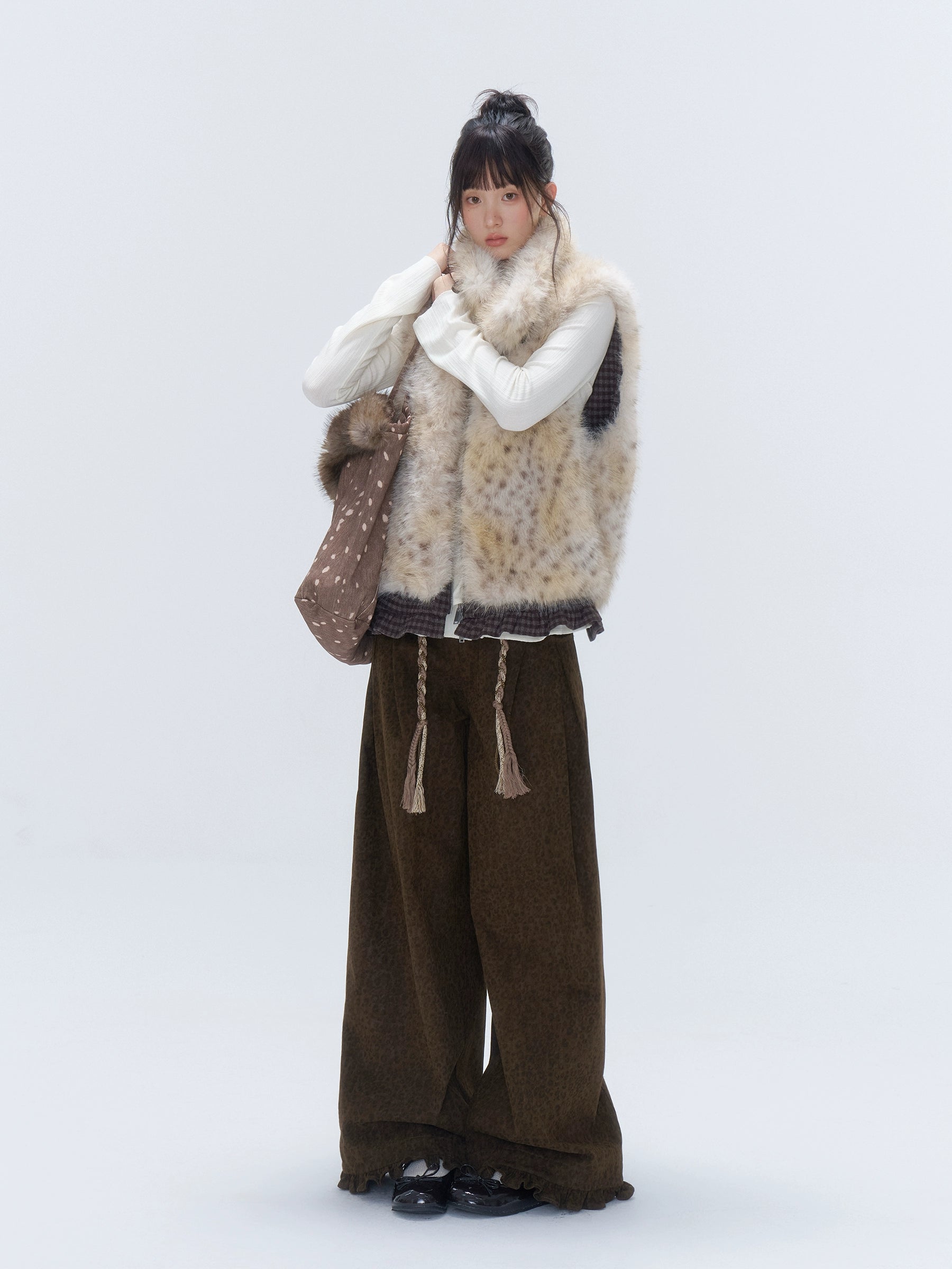 Faux Fur Leopard-Panel Lace-Trim Vest