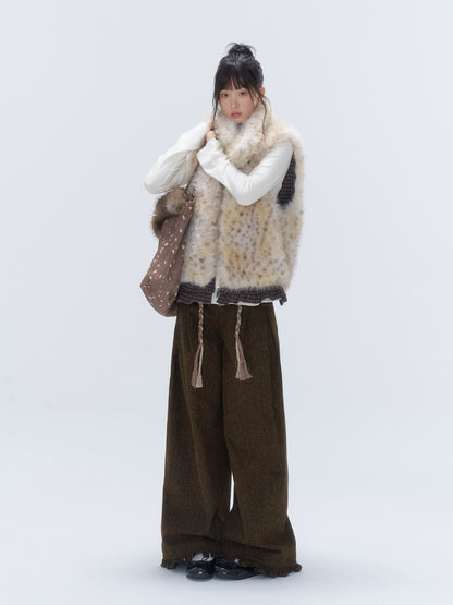 Faux Fur Leopard-Panel Lace-Trim Vest