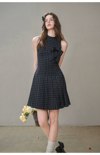 Bow Halter Checked Pleated Dress