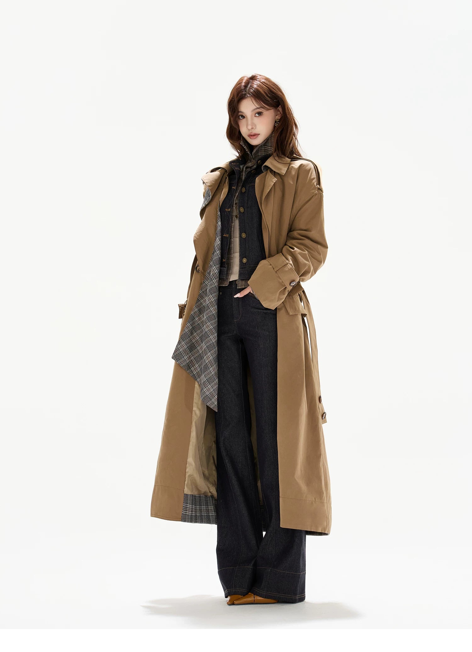 Double-Breasted Check-Panel Trench Coat