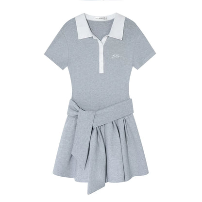 Contrast Polo Collar Puff Dress Two-Piece Set