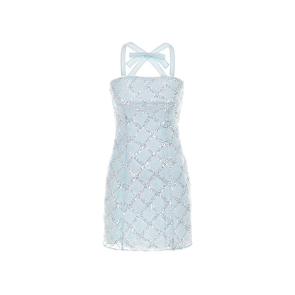 Blue Butterfly Embellished Halter Dress