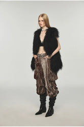 Camel & Black Wool Straight-Cut Furry Vest - CHINASQUAD