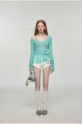 Hollow Out Waist-Cinched Knitted Blouse - CHINASQUAD