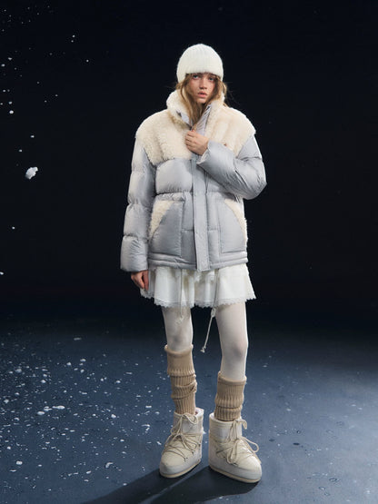 Shearling-Panel Stand-Collar Down Jacket