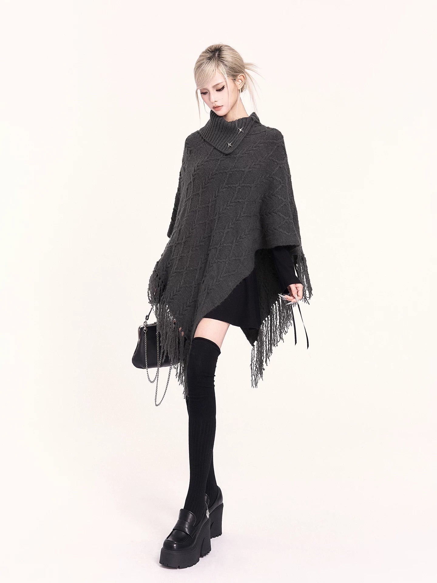 Asymmetric Turtleneck Knit Cape