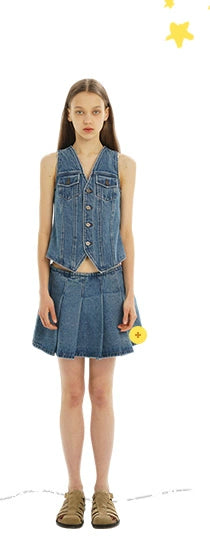 Dark Blue &amp; Light Blue Denim Pleated Skirt - CHINASQUAD