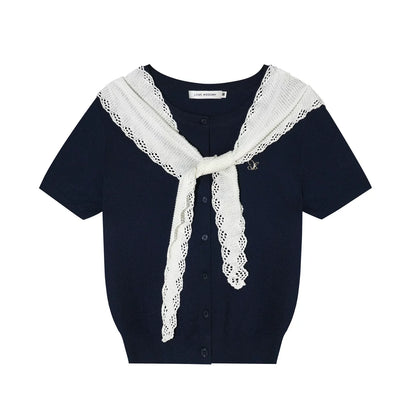Sailor Tie-Detail Striped Knit Short Sleeve Top