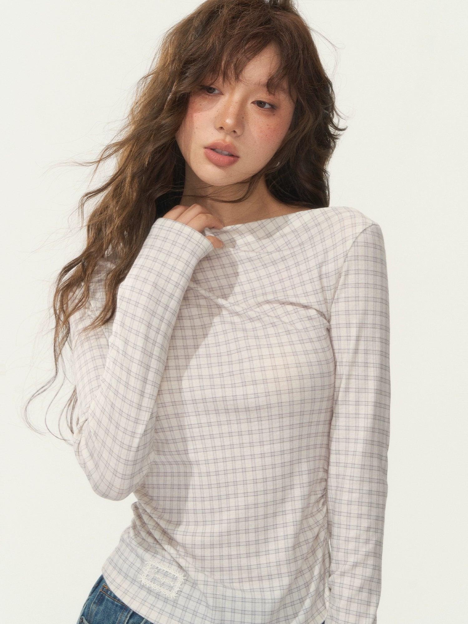 Velvet-Touch Plaid Draped Off-Shoulder Long Sleeve T-Shirts