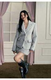 Woolen Padded Shoulder Blazer & Skirt Set - CHINASQUAD