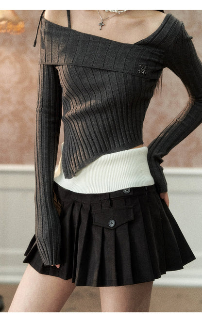 Apricot &amp; Gray Off-shoulder Asymmetric Sweater