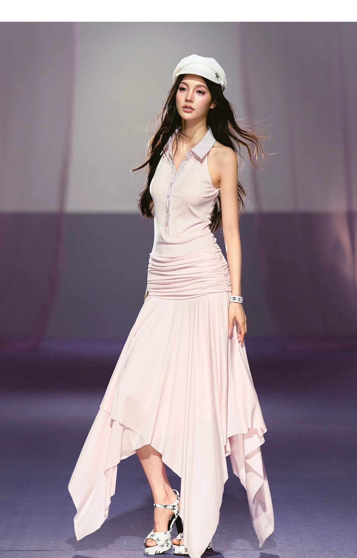 Vintage-Inspired Irregular Hem Shirt-Collar Sleeveless Maxi Dress