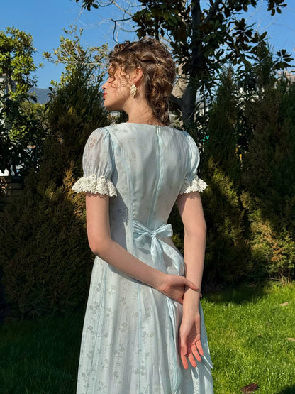 Fresh Baby Blue Lace Short-Sleeve Dress