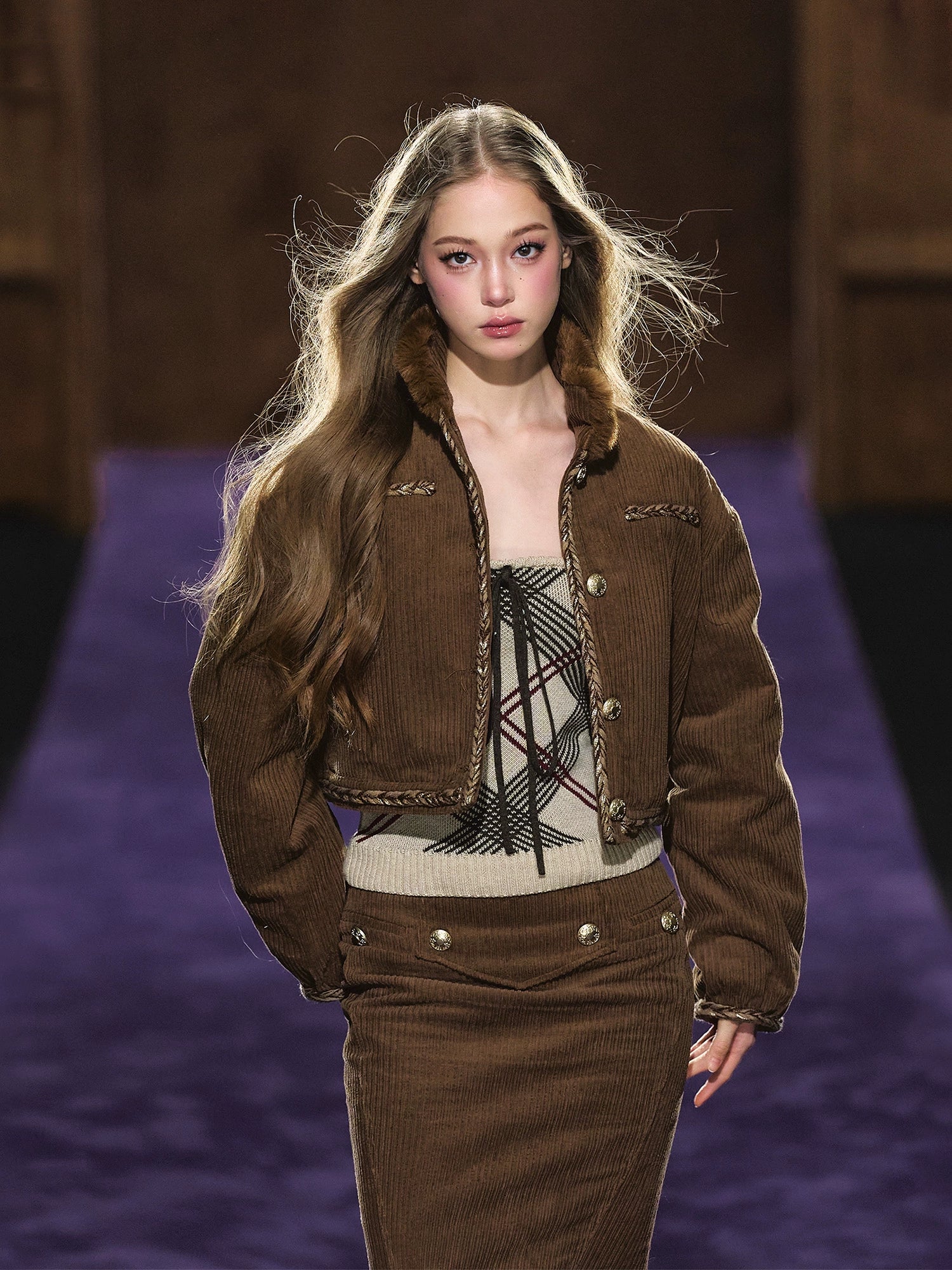 Corduroy Fur-Collar Jacket &amp; Skirt Set