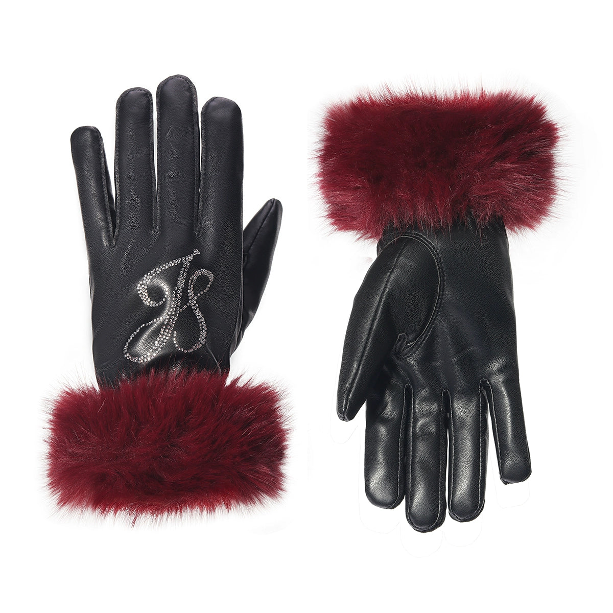 Fur Spliced Rhinestone Winter Gloves