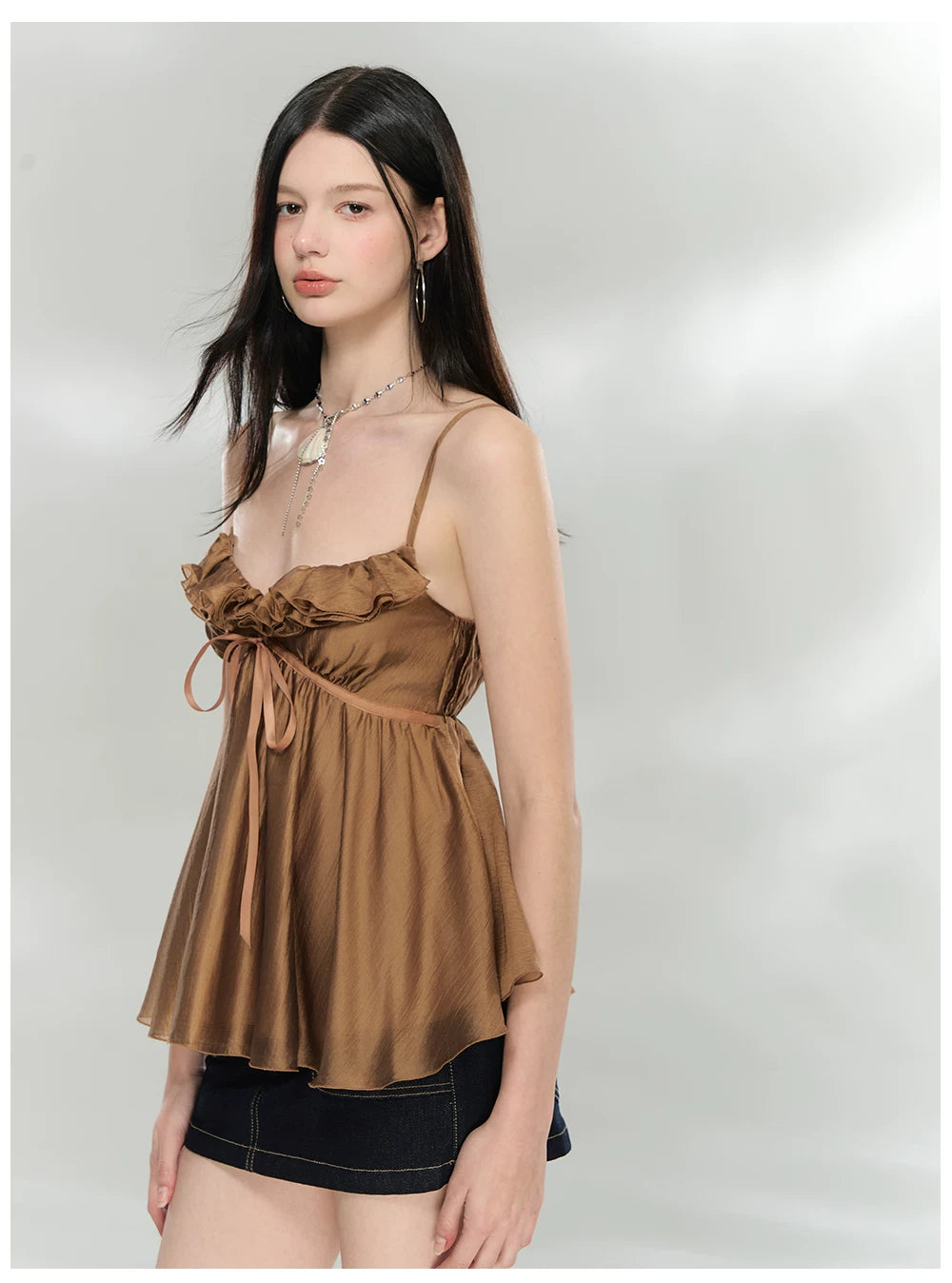 Ruffled Trim Acetate Slim-Fit Camisole