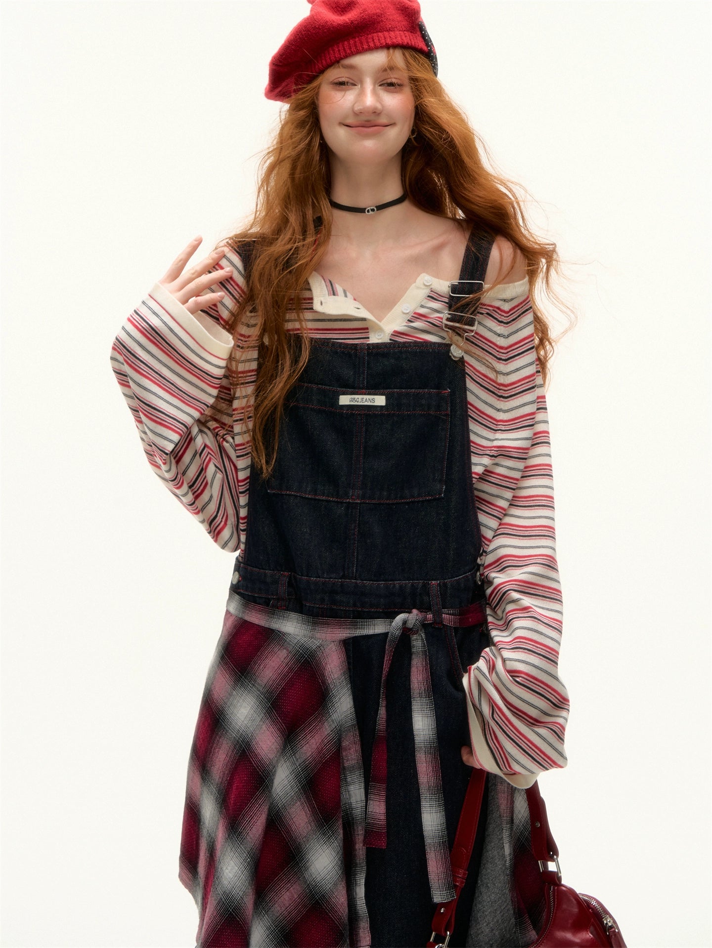 Raw Denim Wide-Leg Overalls with Red Stitching