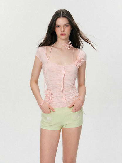 Vintage Handmade Floral Appliqué Ruched Slim-Fit T-Shirt