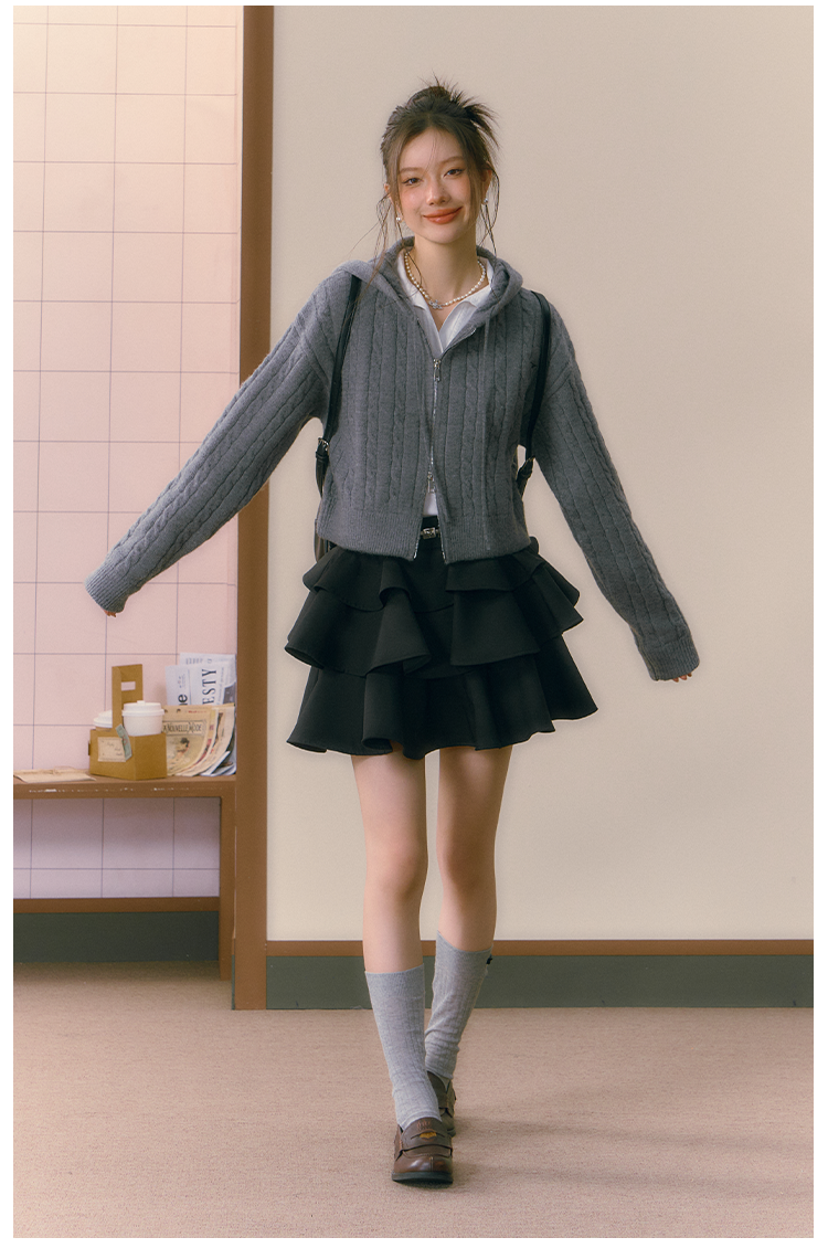 Gray Twist Knitted Zip-up Hoodie - CHINASQUAD