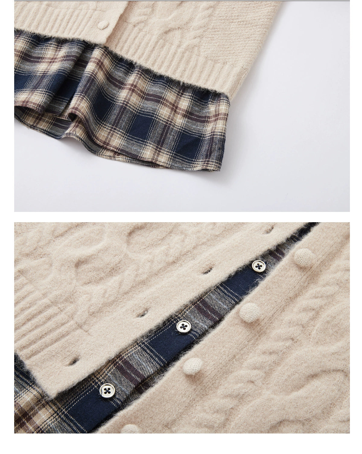 Layered Plaid Patchwork Cable Knit Cardigan