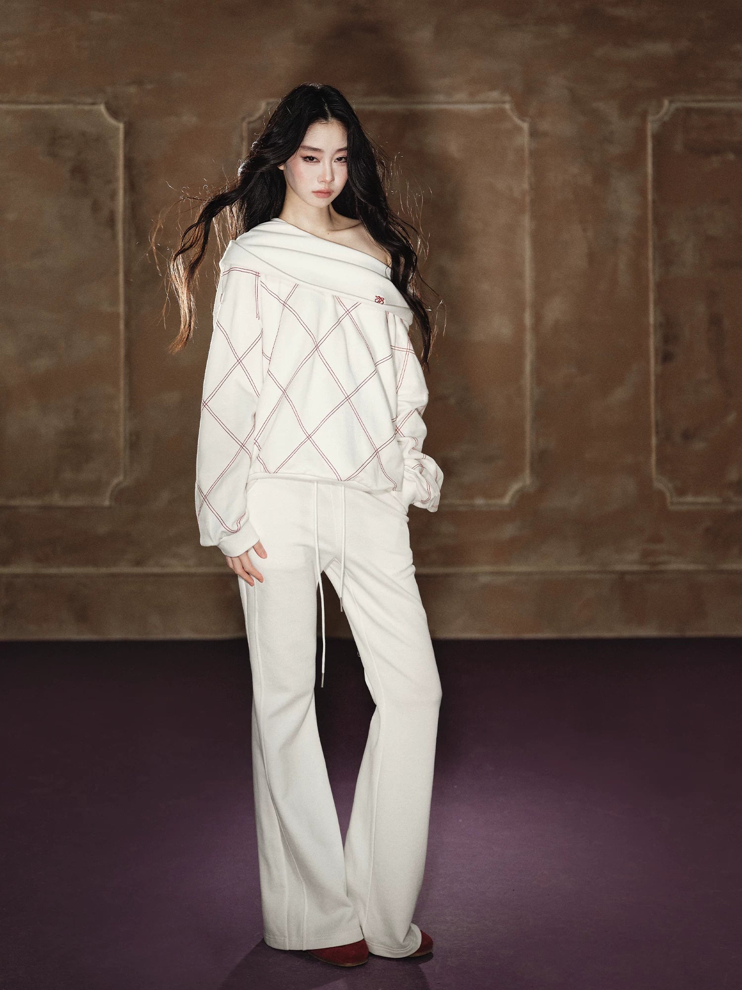 Off-Shoulder Sweatshirt &amp; Flared Wide-Leg Sweatpants Set