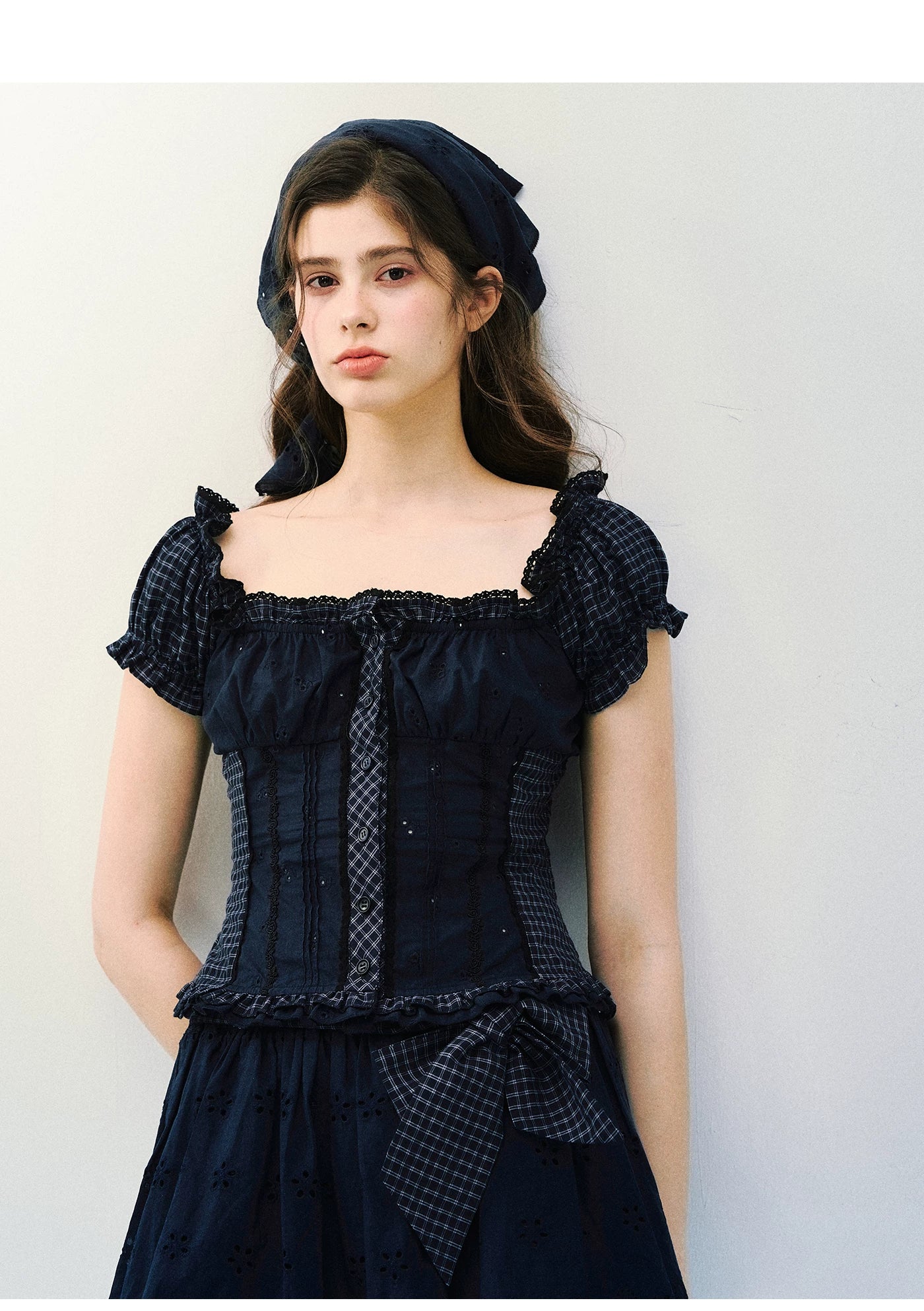 Vintage Plaid Lace Ribbon Two-Piece Set