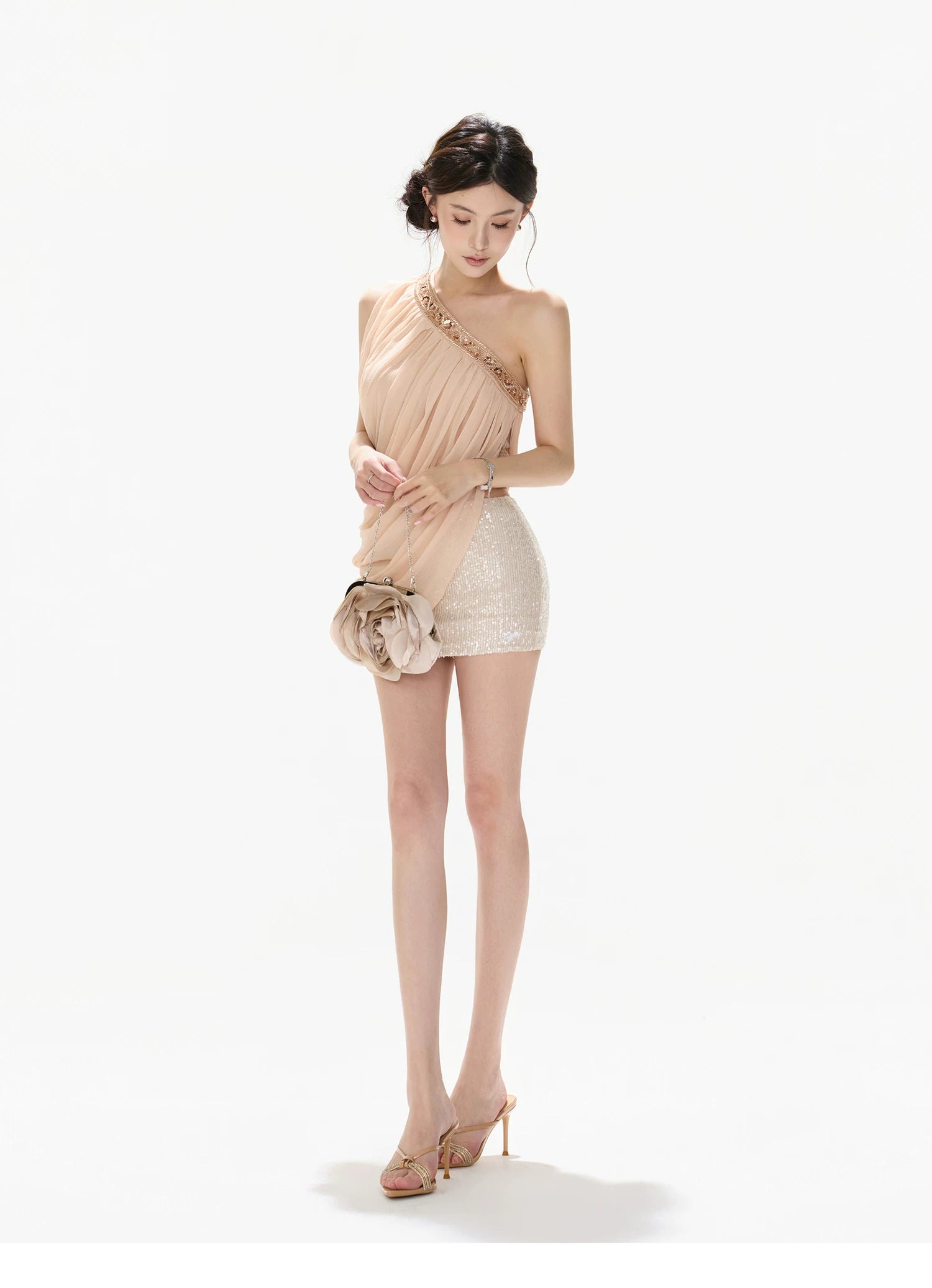 Beaded Asymmetric One-Shoulder Chiffon Draped Blouse